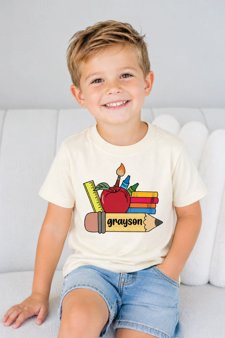 Personalized School Supplies Kids Graphic Tee | Natural