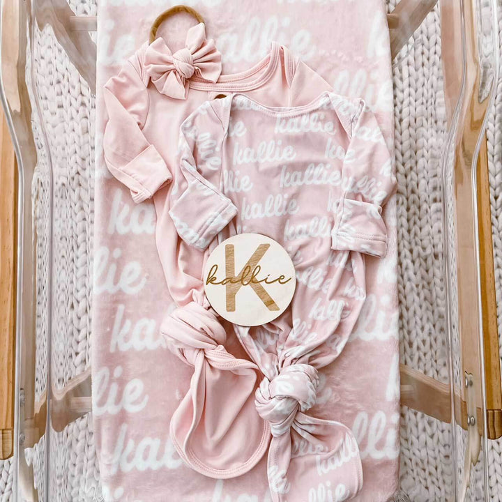 baby pink knotted gown and hat set personalized 