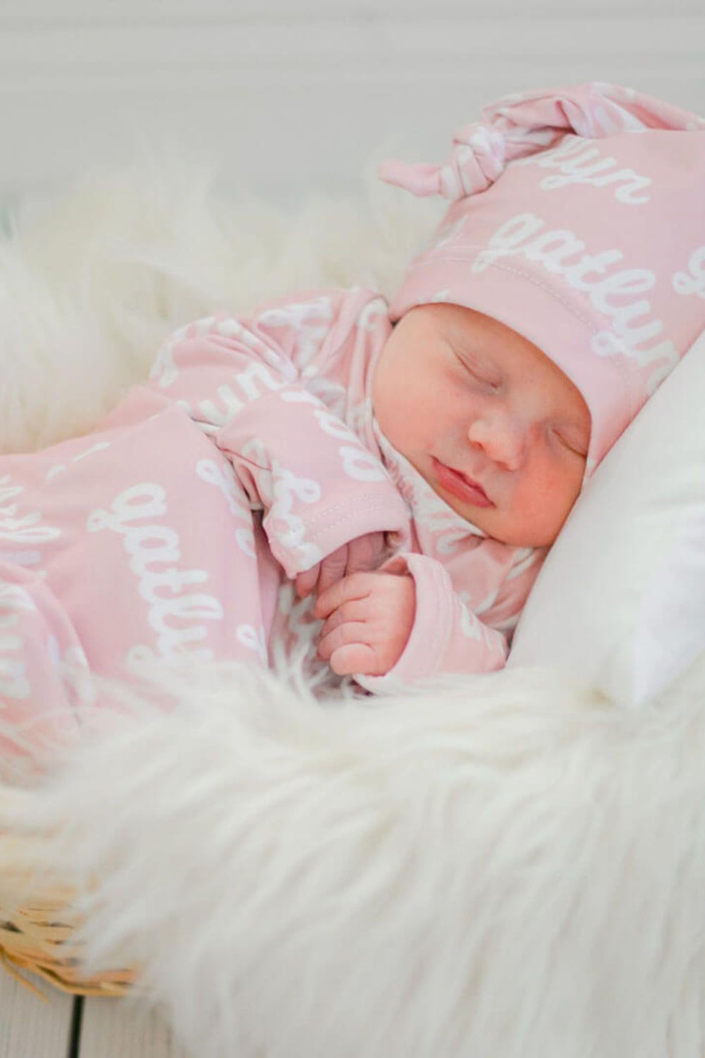 light pink personalized newborn knot gown and hat set 