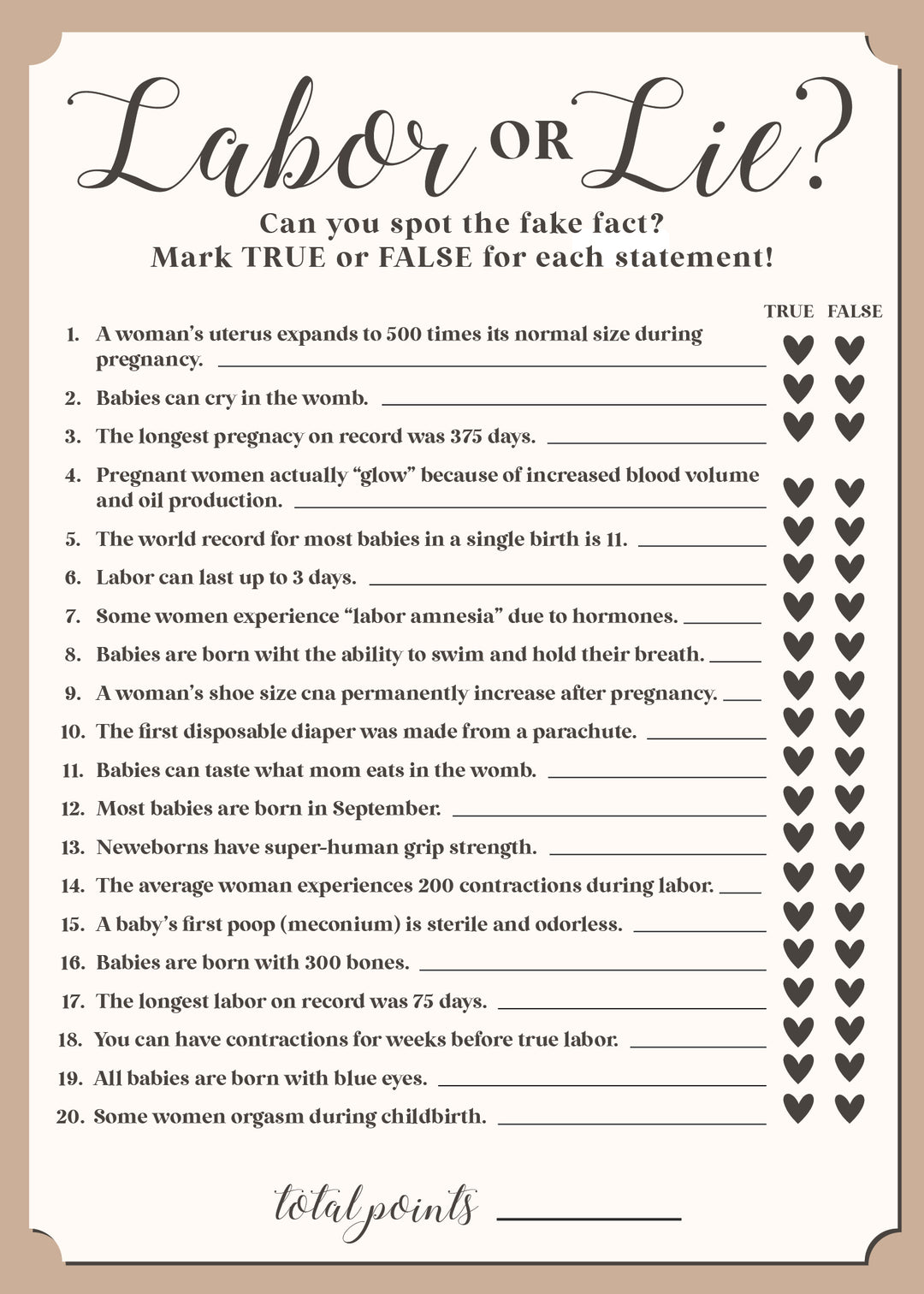 labor or lie baby shower game 