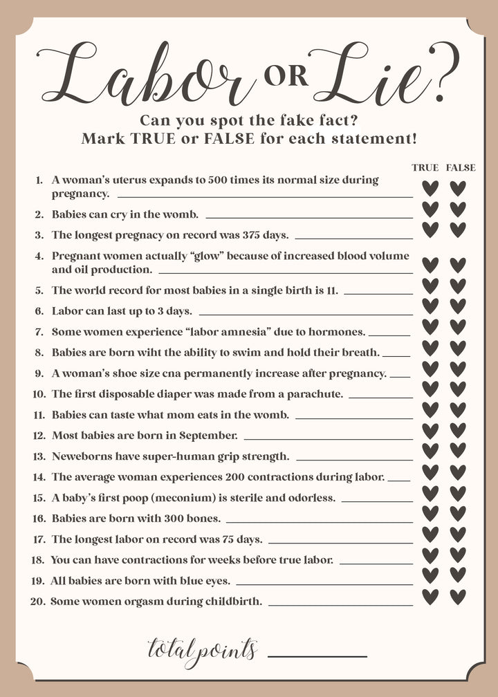 labor or lie baby shower game 