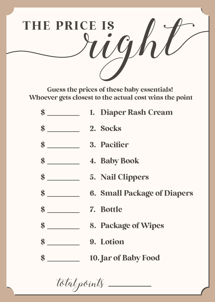 the price is right baby shower game 