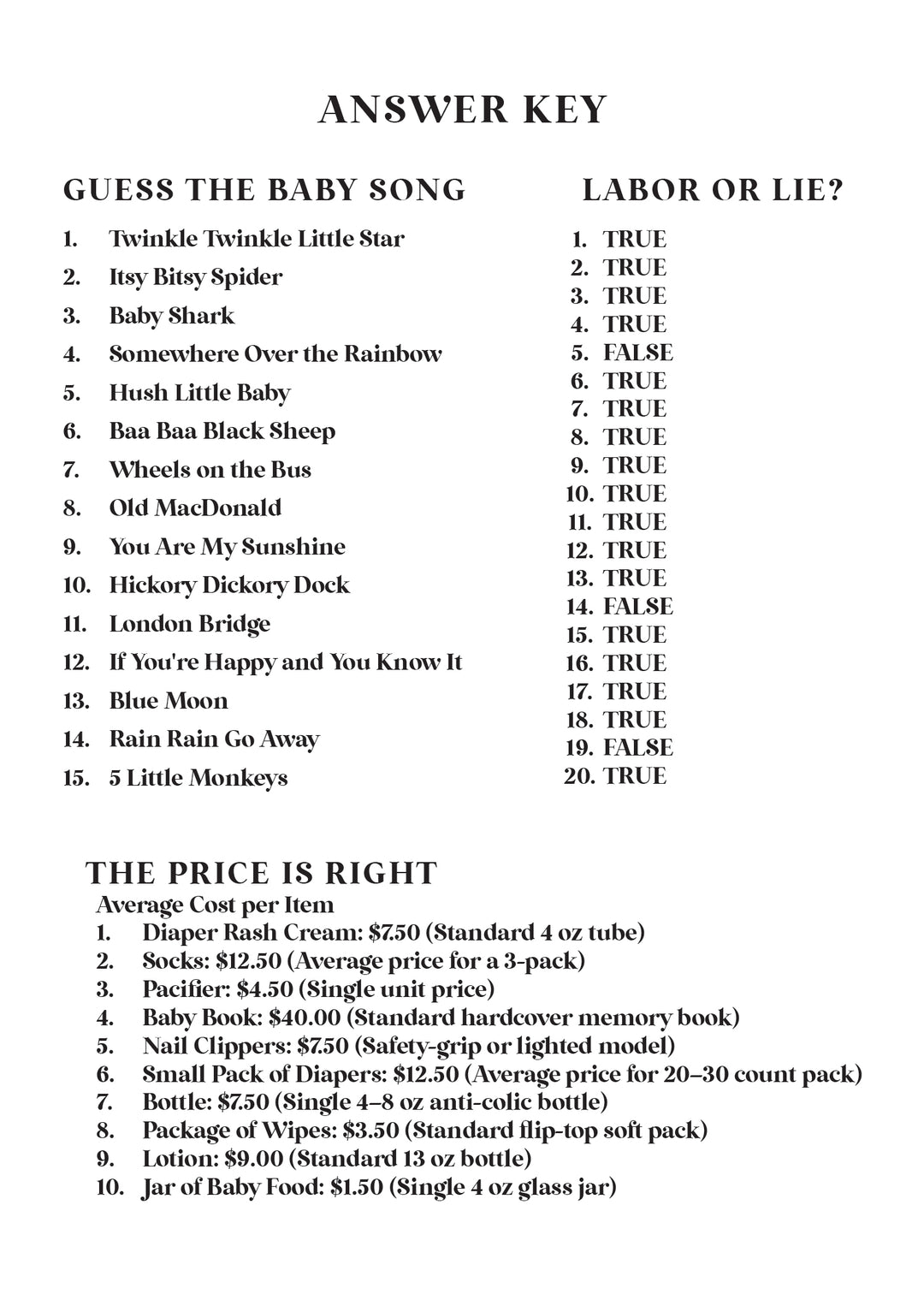 baby shower game answer key 