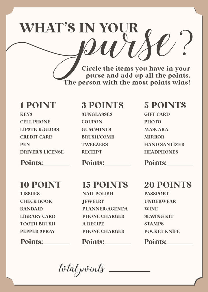 what's in your purse baby shower game 