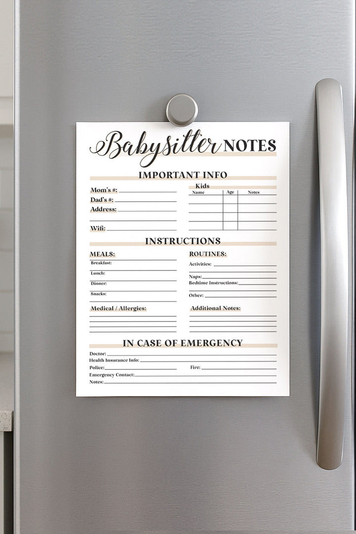 babysitter notes sheet