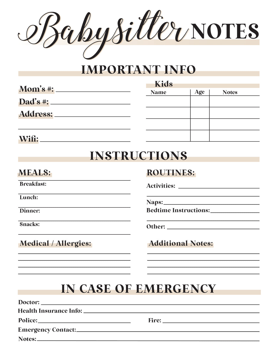 babysitter important information sheet