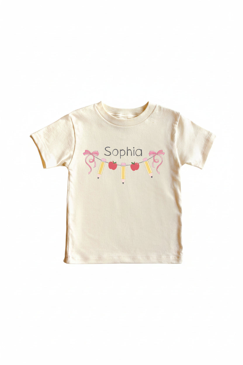 personalized back to school tee with name and bow, pencil and apple garland 