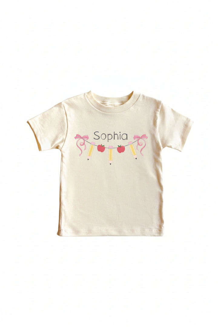 personalized back to school tee with name and bow, pencil and apple garland 