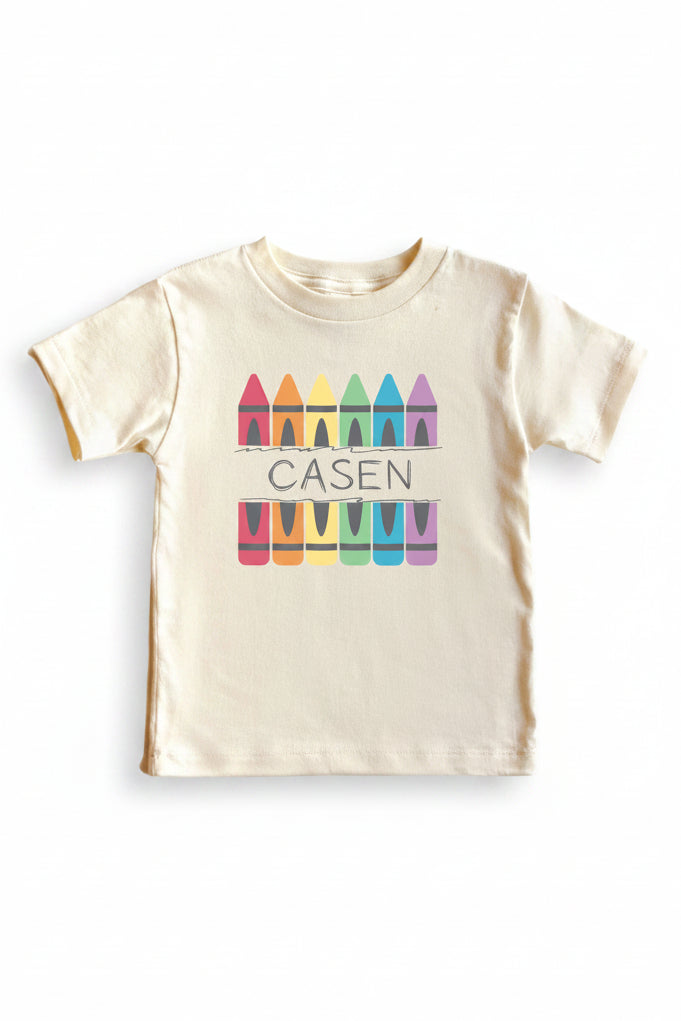back to school personalized graphic tee with crayons 