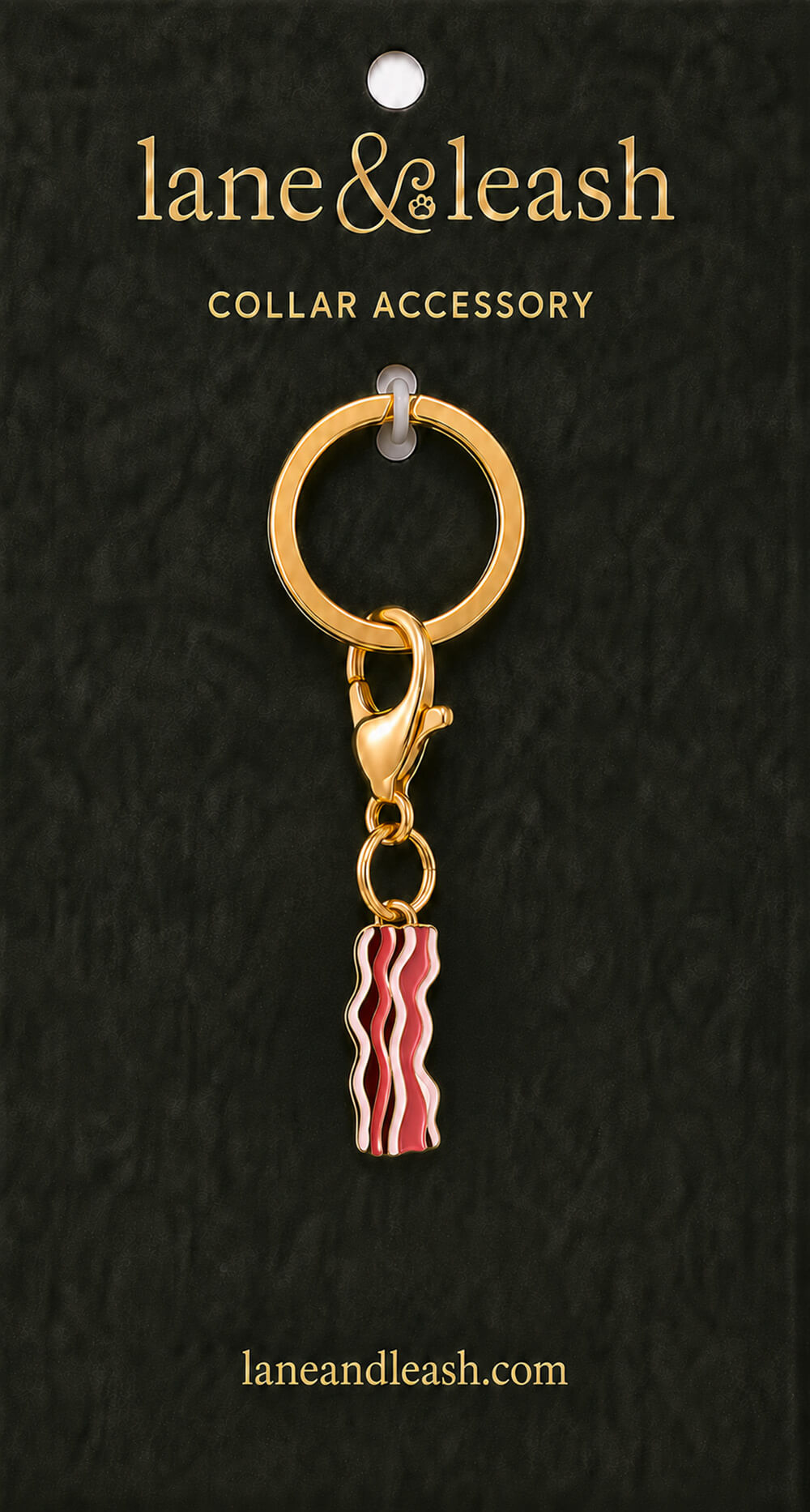 Bacon strips Lane & Leash collar accessory charm displayed on dark green packaging card with lobster claw clasp and jump ring