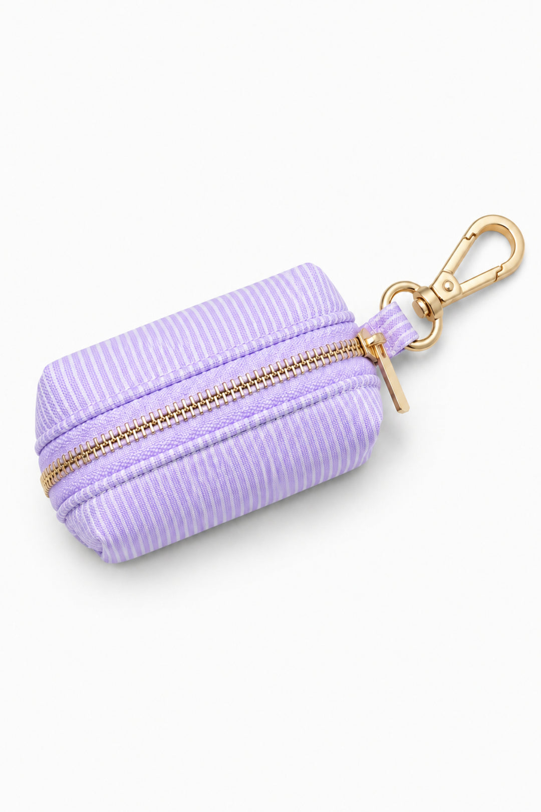 Lavender woven pet waste bag holder with gold zipper and gold carabiner clip for attaching to leash, top view on white background