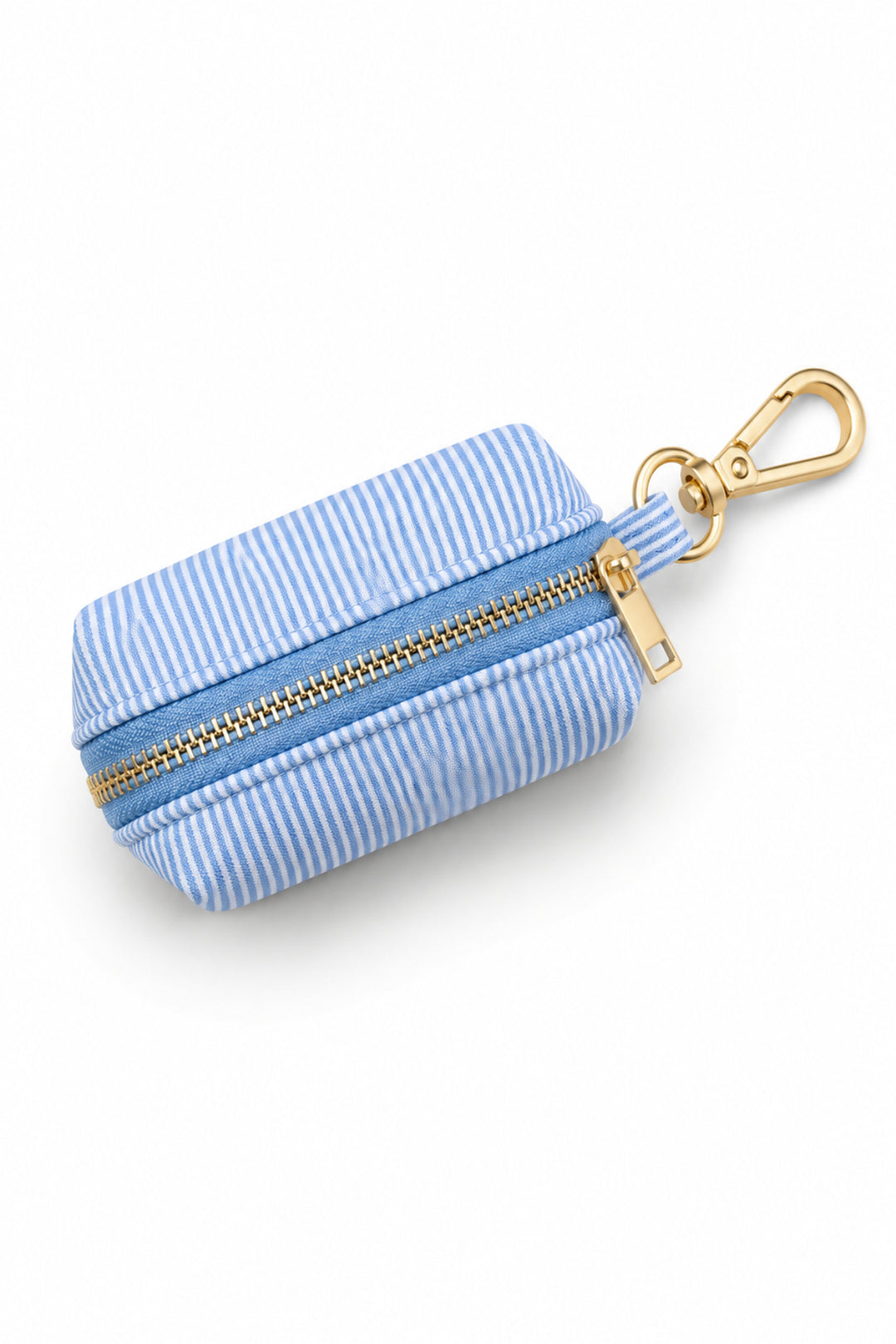 Top view of light blue and white striped pet waste bag holder with gold zipper closure and gold swivel clip leash attachment, Morning Mist print