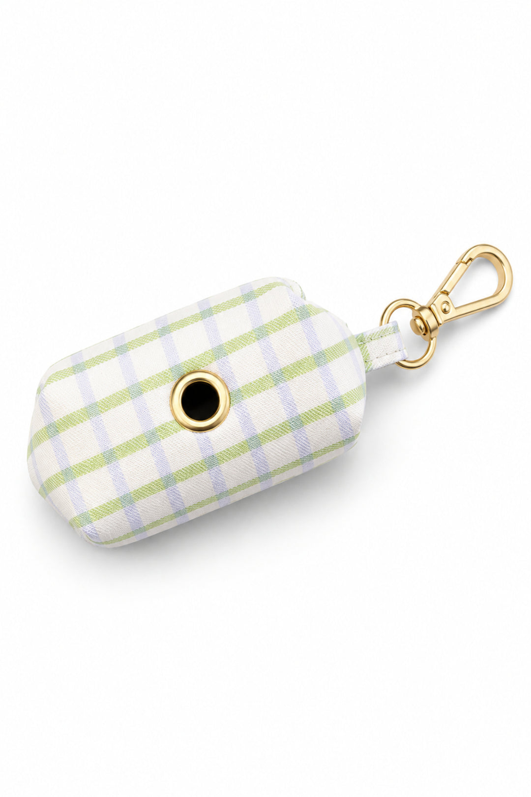 Bottom view of a picnic plaid pet waste bag holder showing the round dispensing opening in the center with a gold carabiner clip attached at the top
