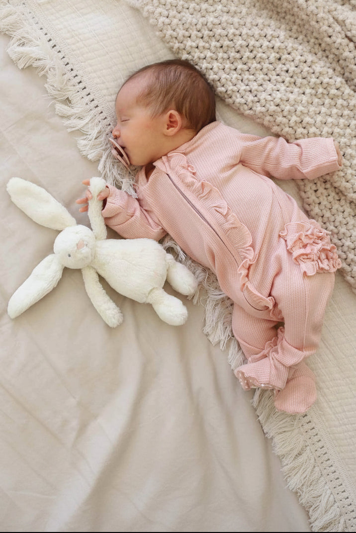 lovely pink bamboo waffle ruffle footie 