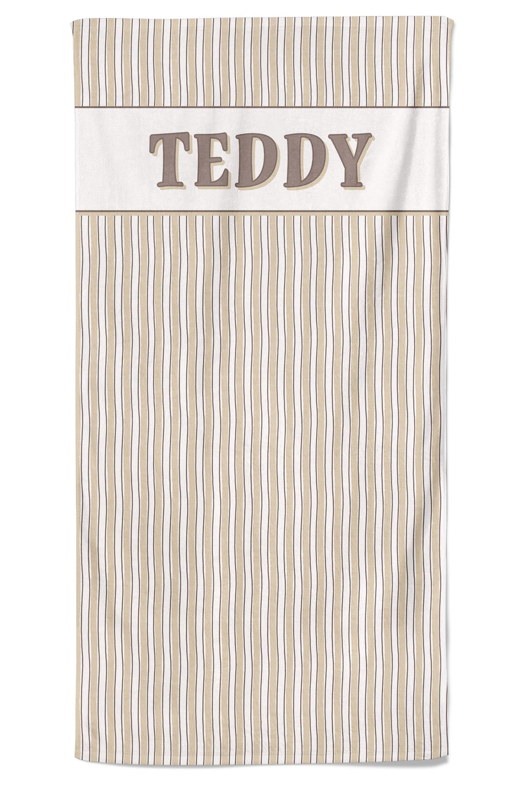 Flat-lay of personalized pet towel in Biscuit Stripe pattern with tan and white vertical stripes, featuring the name TEDDY embroidered on the white border at the top