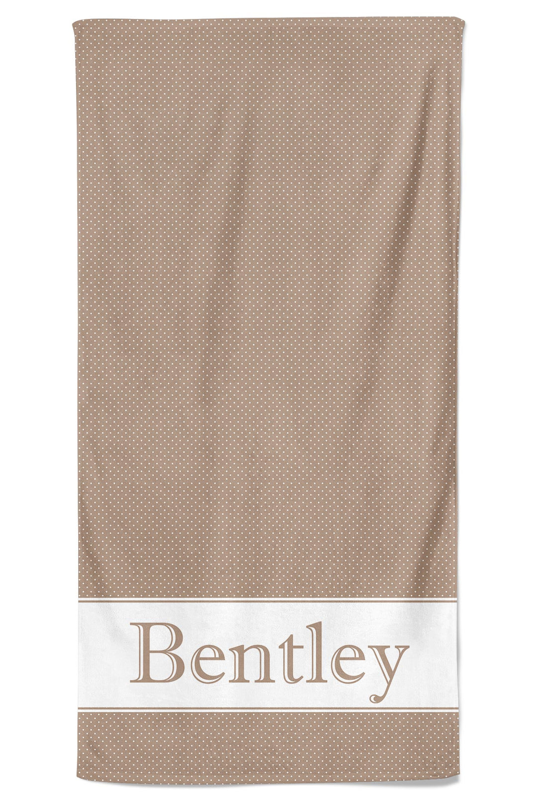 Personalized latte brown polka dot pet towel with white border and the name 'Bentley' in script at the bottom