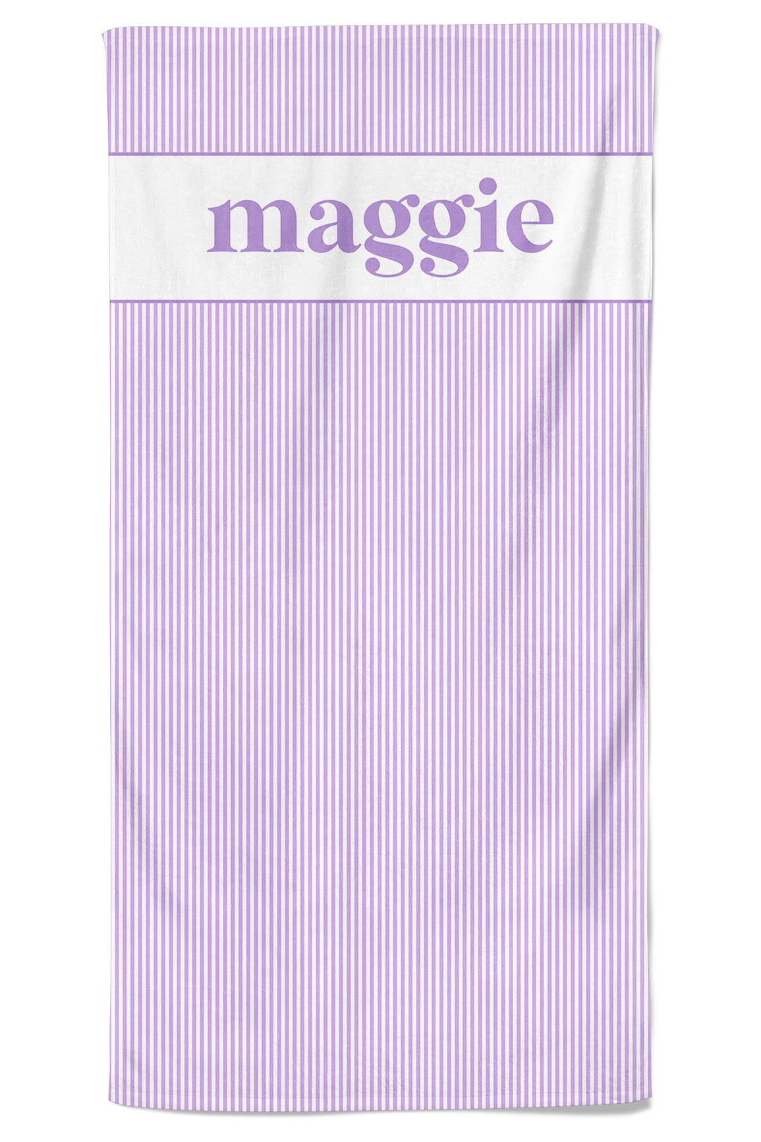 Personalized pet towel in lavender and white vertical stripes with a white top section and the name maggie in purple script