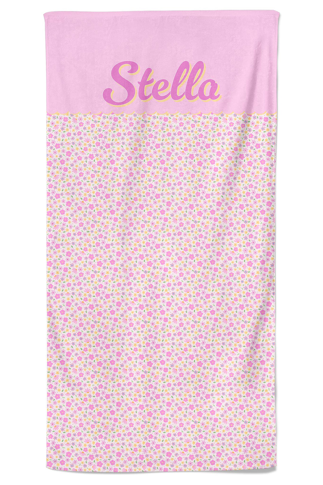 Personalized pet towel in Scattered Blooms print with solid pink top panel featuring pet name in script lettering and colorful floral print on the main body