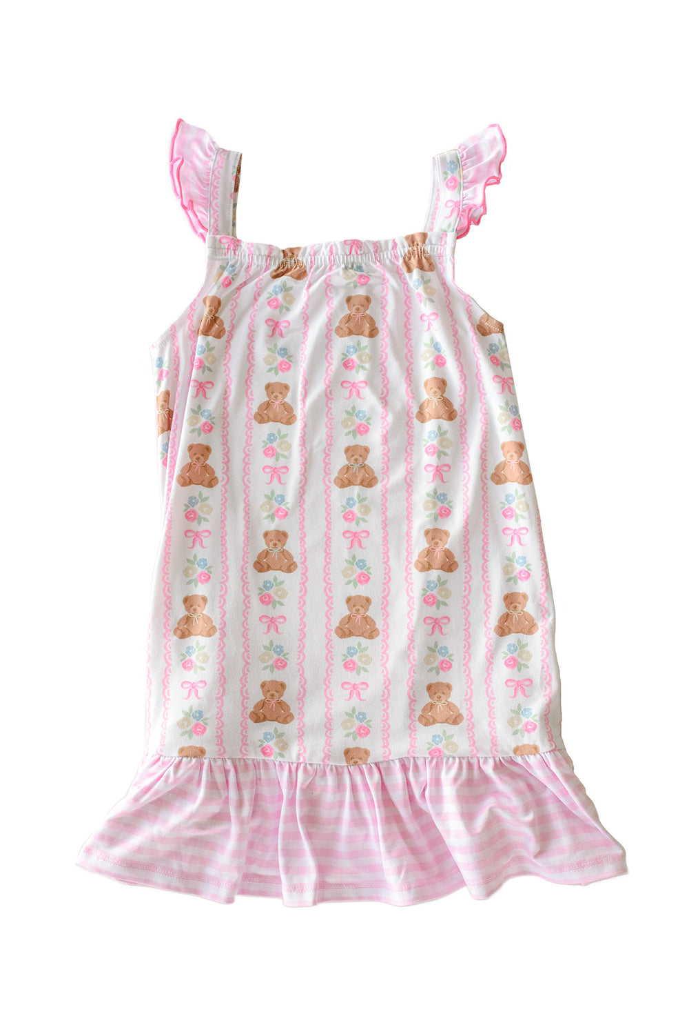 Full Length Ruffle Nightgown in Beary Lovely print, flat lay product shot on white background showing teddy bear and floral stripe pattern with pink ruffle hem
