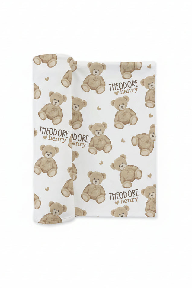 newborn personalized swaddle blanket with teddy bears 