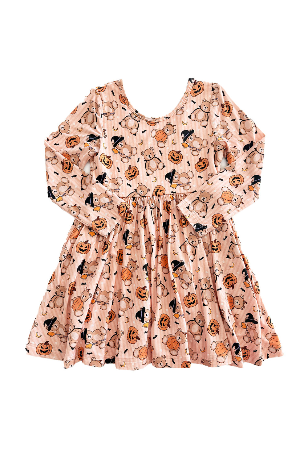 Caden Lane A long-sleeve babydoll dress with an orange base and an all-over Halloween print featuring pumpkins, crows, and witch hats, shown flat against a white background.