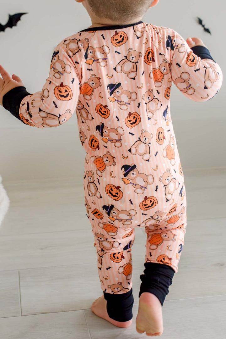 back view of halloween beary scary zip romper