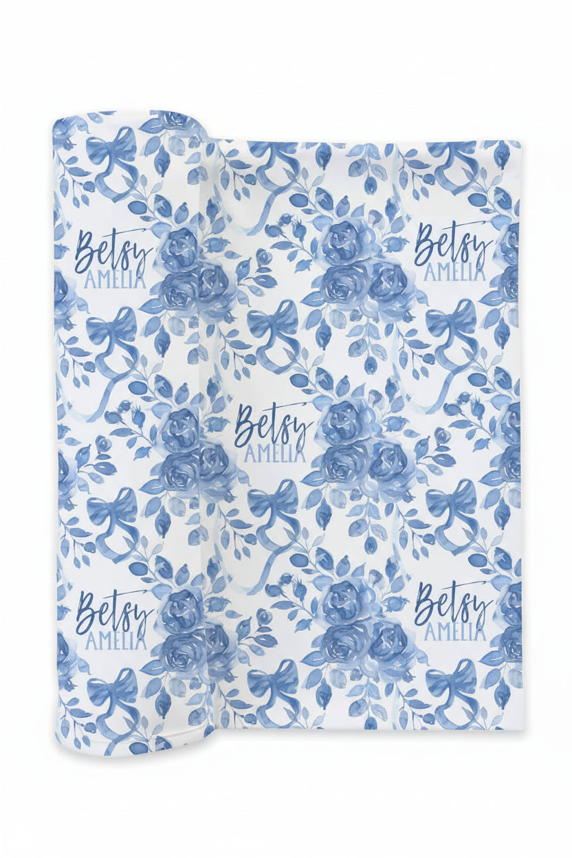 blue and white floral personalized baby girl swaddle blanket 