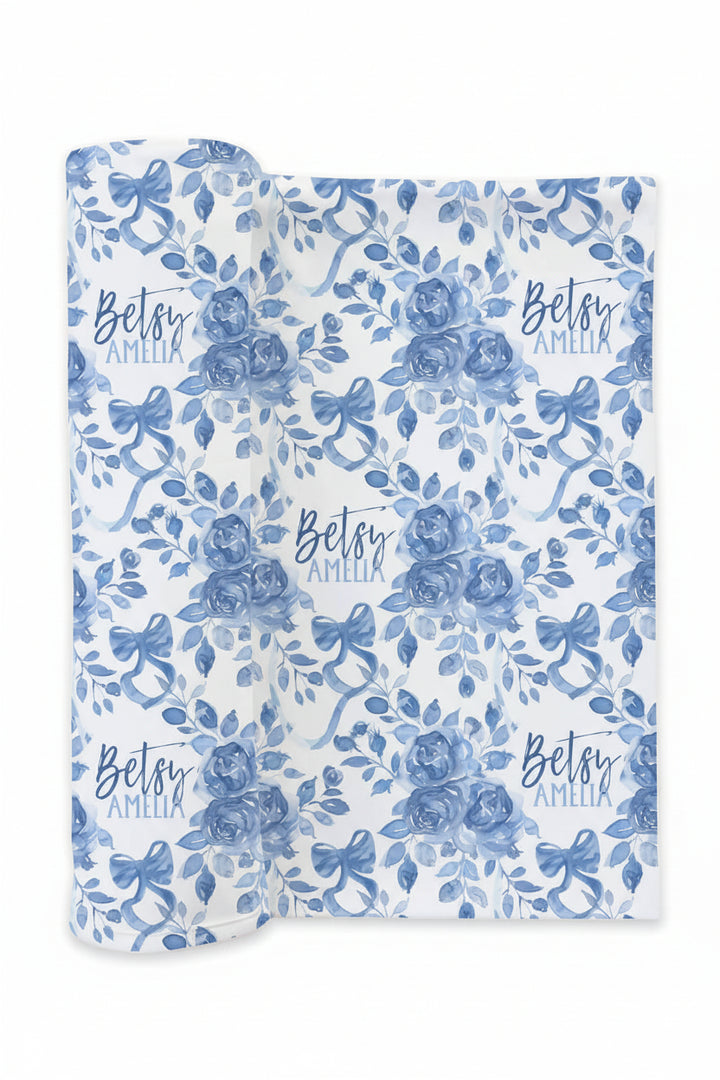 blue and white floral personalized baby girl swaddle blanket 