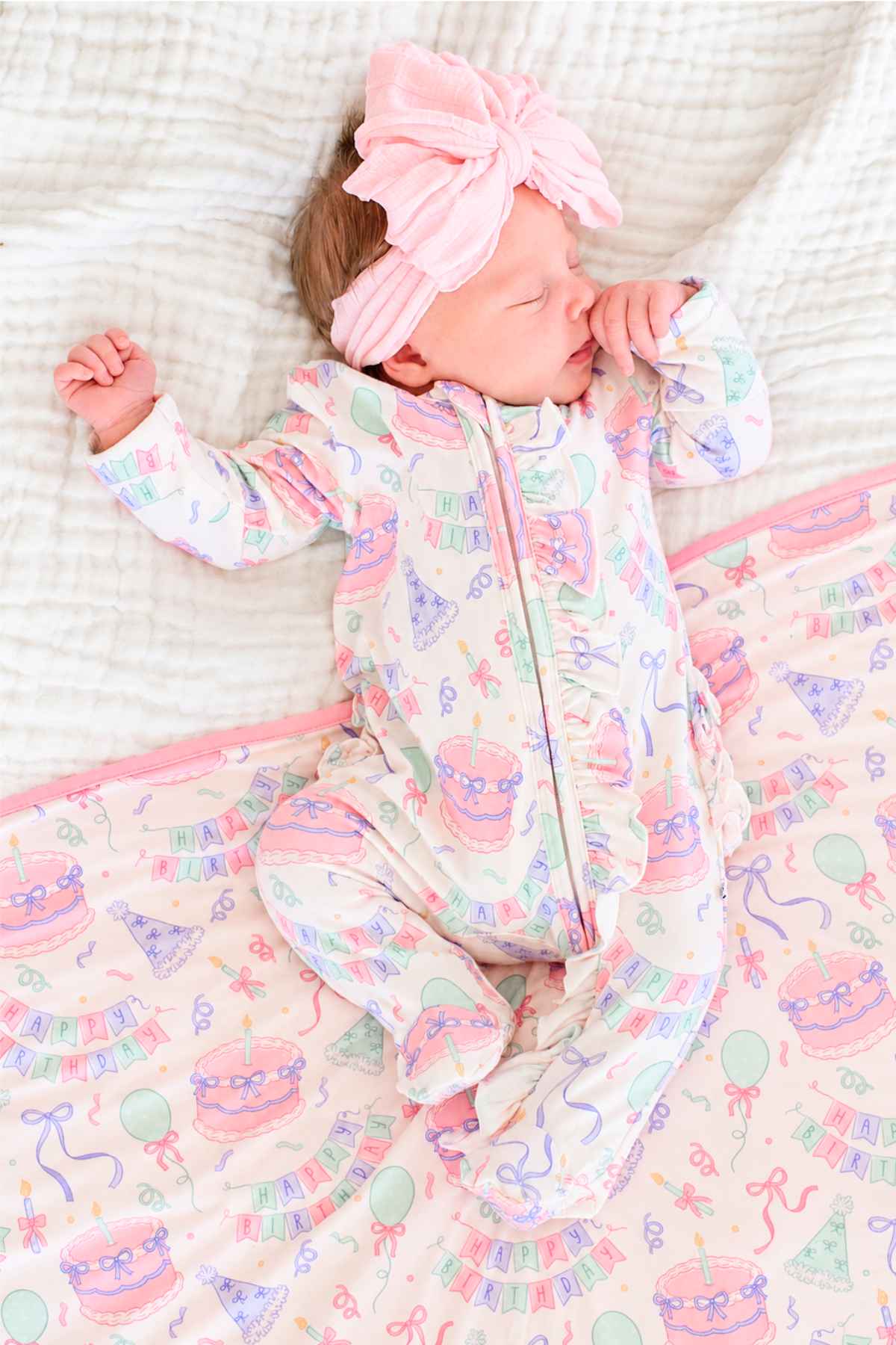 Bamboo Zipper Ruffle Footie | Birthday Bash Pink