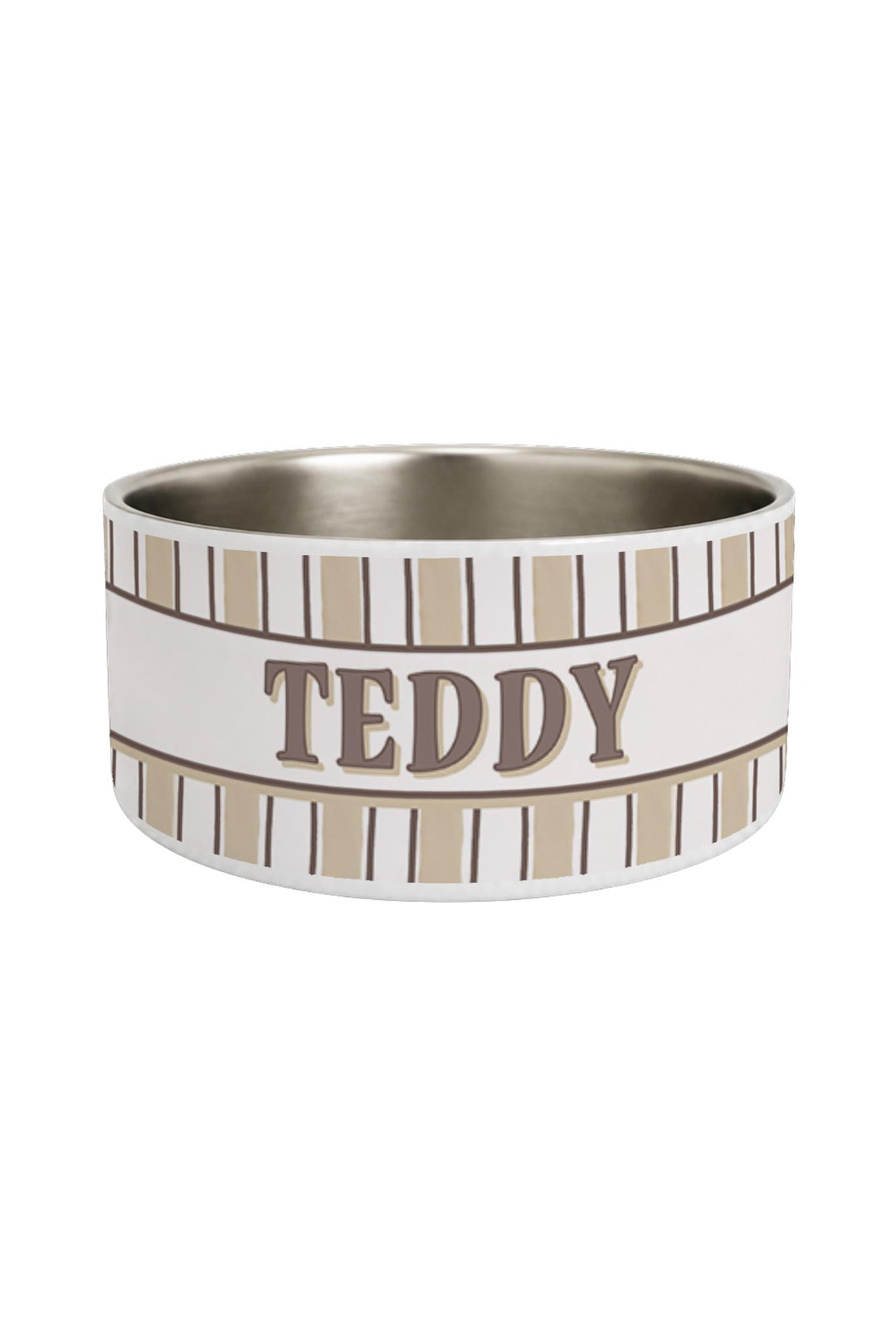 Personalized stainless steel pet bowl with Biscuit Stripe pattern on the outer band and the name TEDDY printed on the white center section