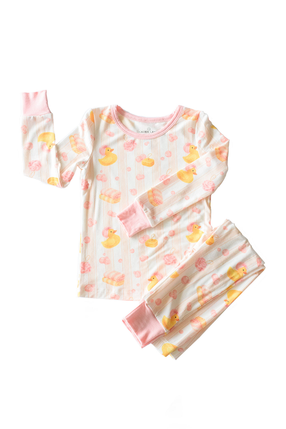 Pink Bubble Duckies two-piece bamboo pajama set flat lay showing long sleeve top and pants with yellow duck print