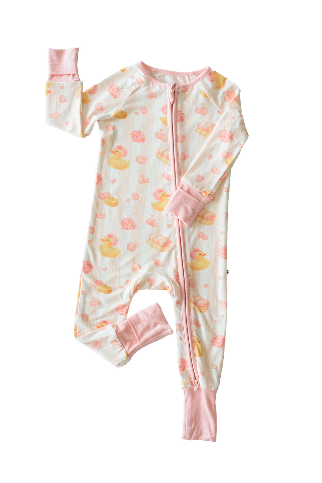 Pink Bubble Duckies convertible zip romper pajamas flat lay showing double zipper front and yellow rubber duck print
