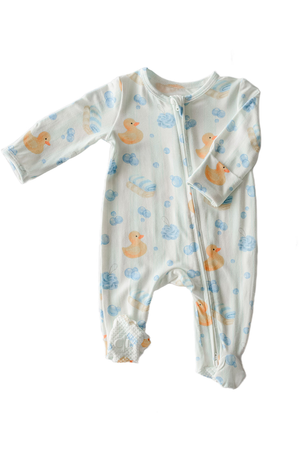 Blue Bubble Duckies bamboo zipper footie pajamas flat lay showing yellow rubber duck and blue bubble print