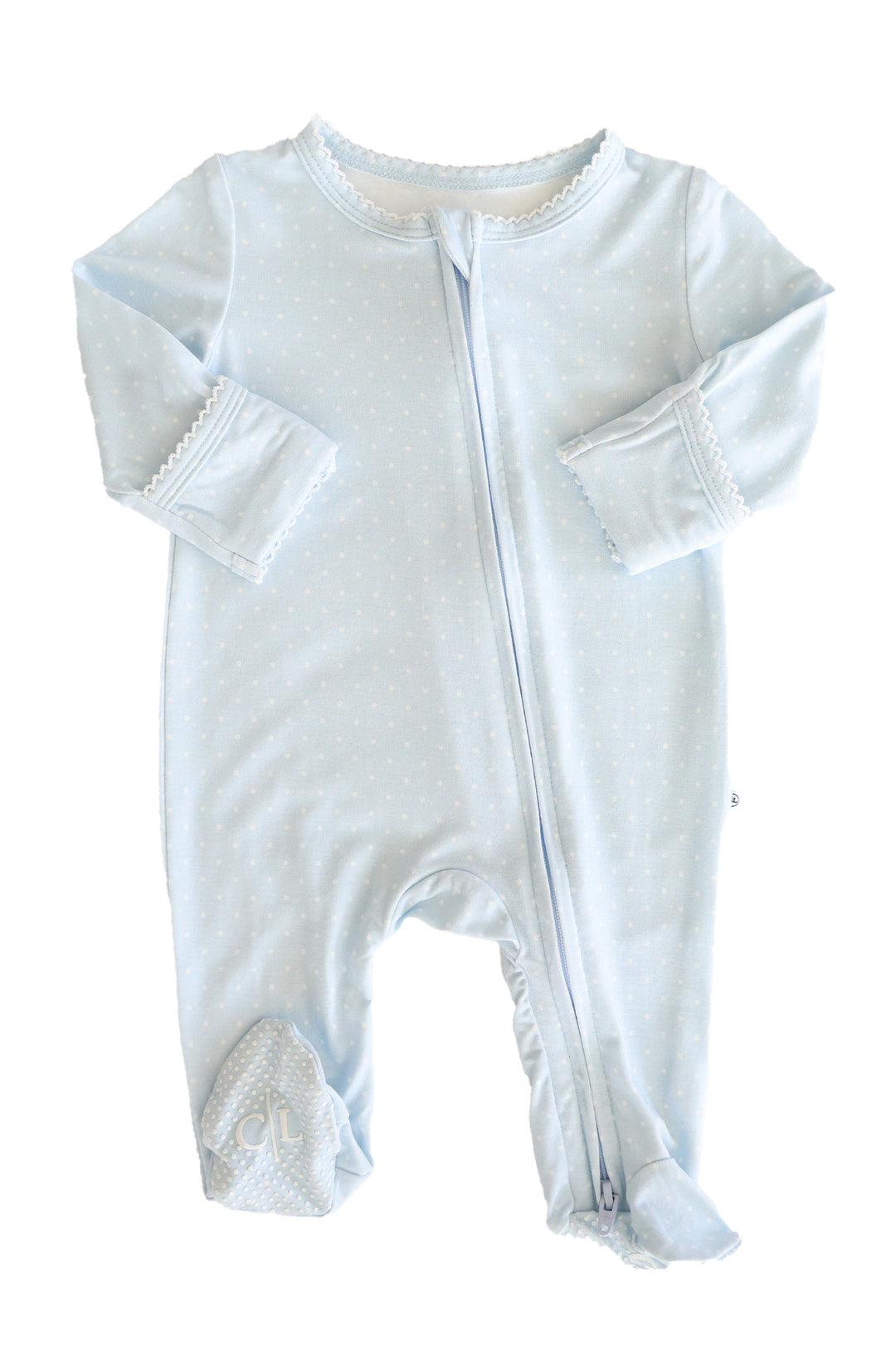 blue picot trim bamboo zipper footie flat lay