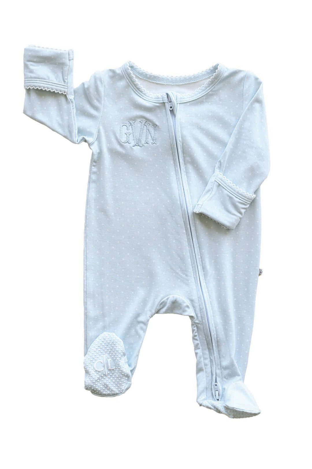 personalized blue picot trim bamboo zipper footie with custom monogram for babies