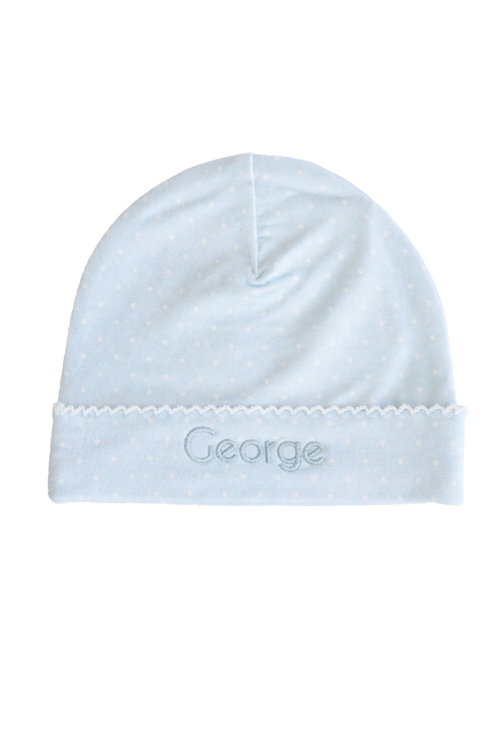 personalized blue picot trim bamboo hat with custom monogram for babies