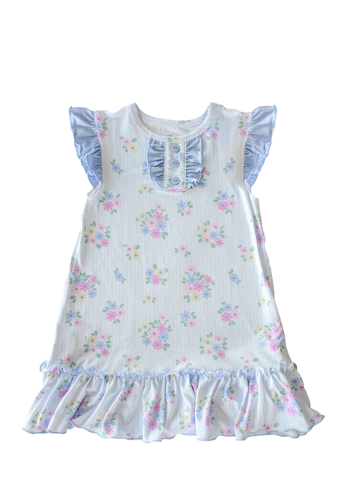 Flutter Sleeve Nightgown in Heirloom Posies, flat lay product shot on white background showing blue flutter sleeves, ruffled collar, pink and blue floral print