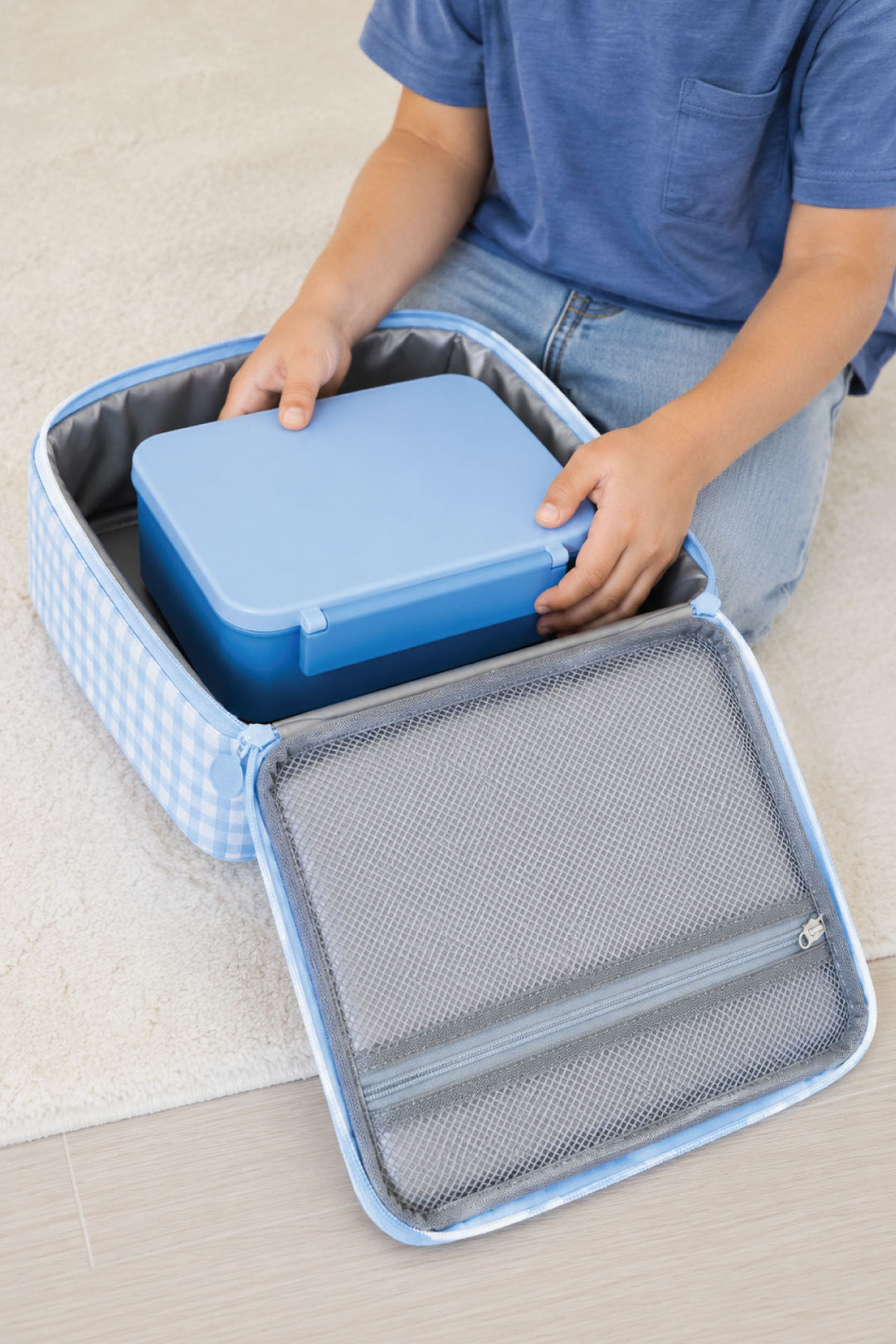 inside of blue gingham lunchbox
