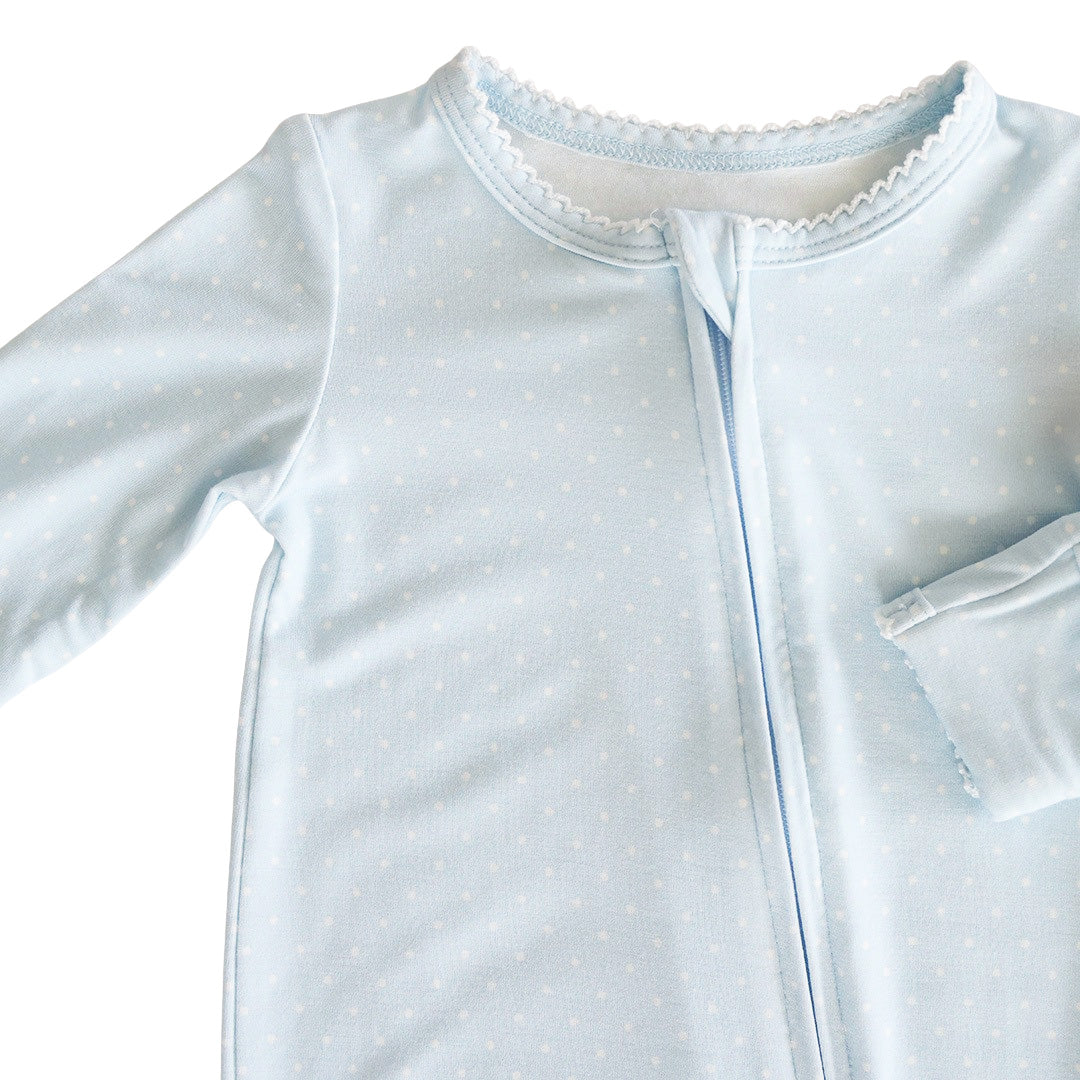 monogram detail on blue picot trim bamboo footie