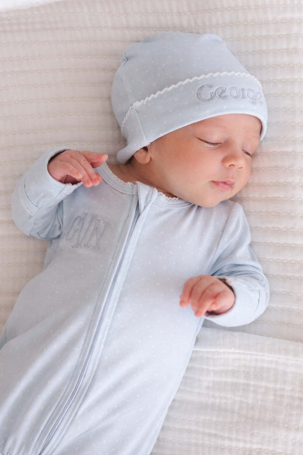 baby styled in blue picot trim bamboo zipper footie