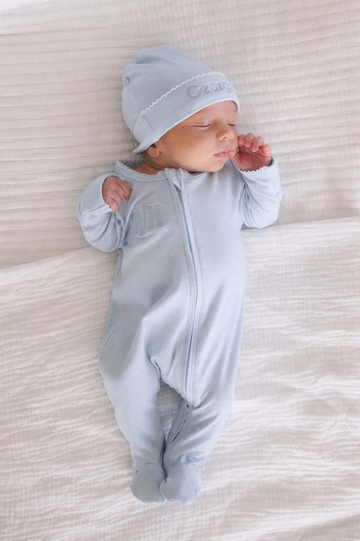 blue bamboo footie with picot trim detail