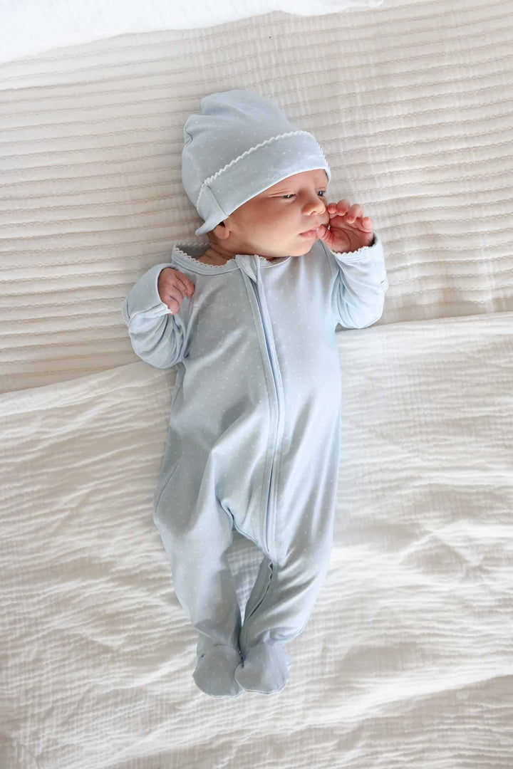 blue picot trim bamboo footie on baby