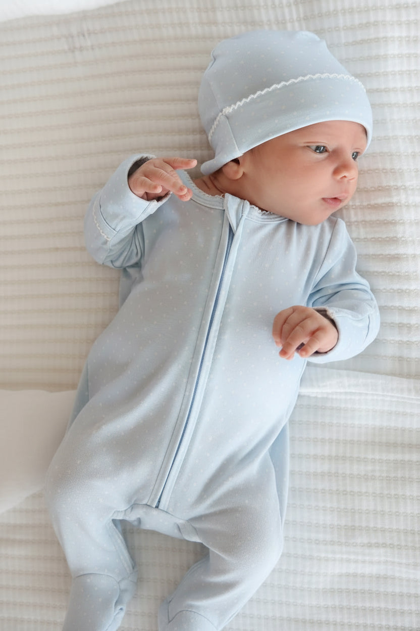 close-up of blue picot trim bamboo footie for babies