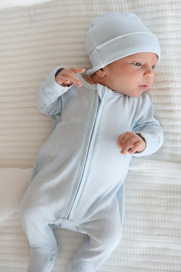 close-up of blue picot trim bamboo footie for babies