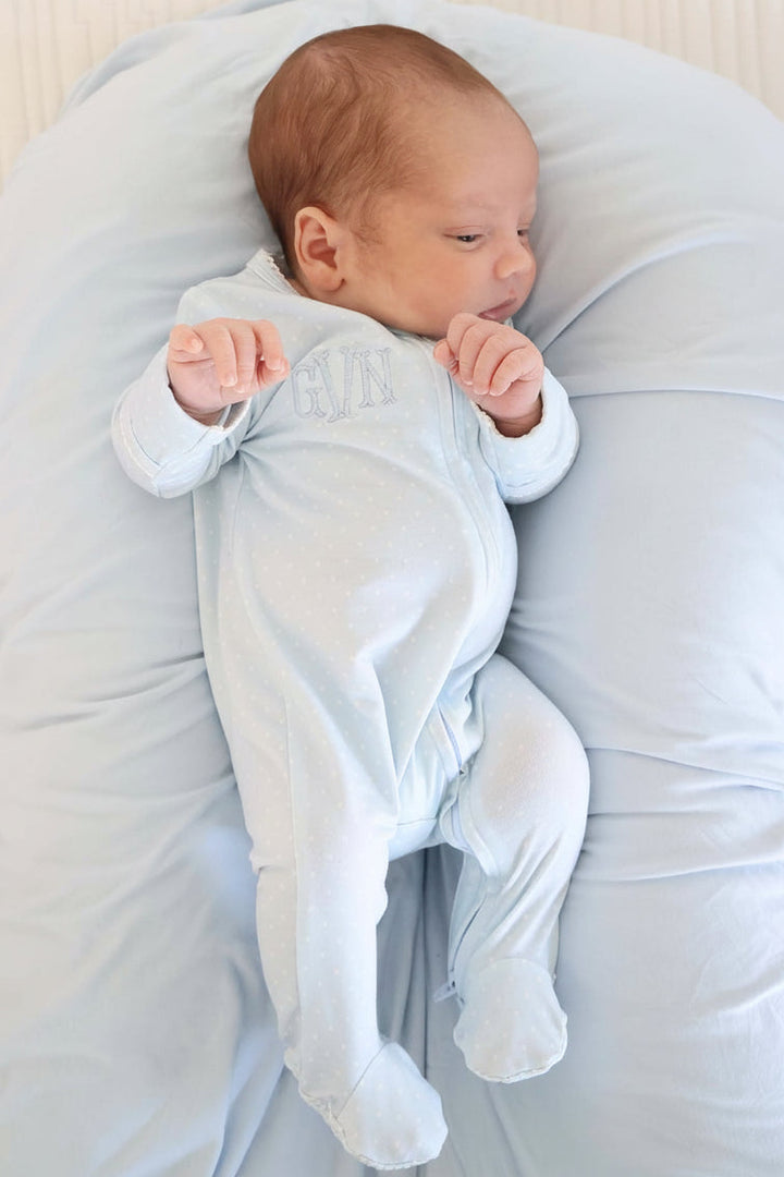 baby styled in blue picot trim bamboo zipper footie