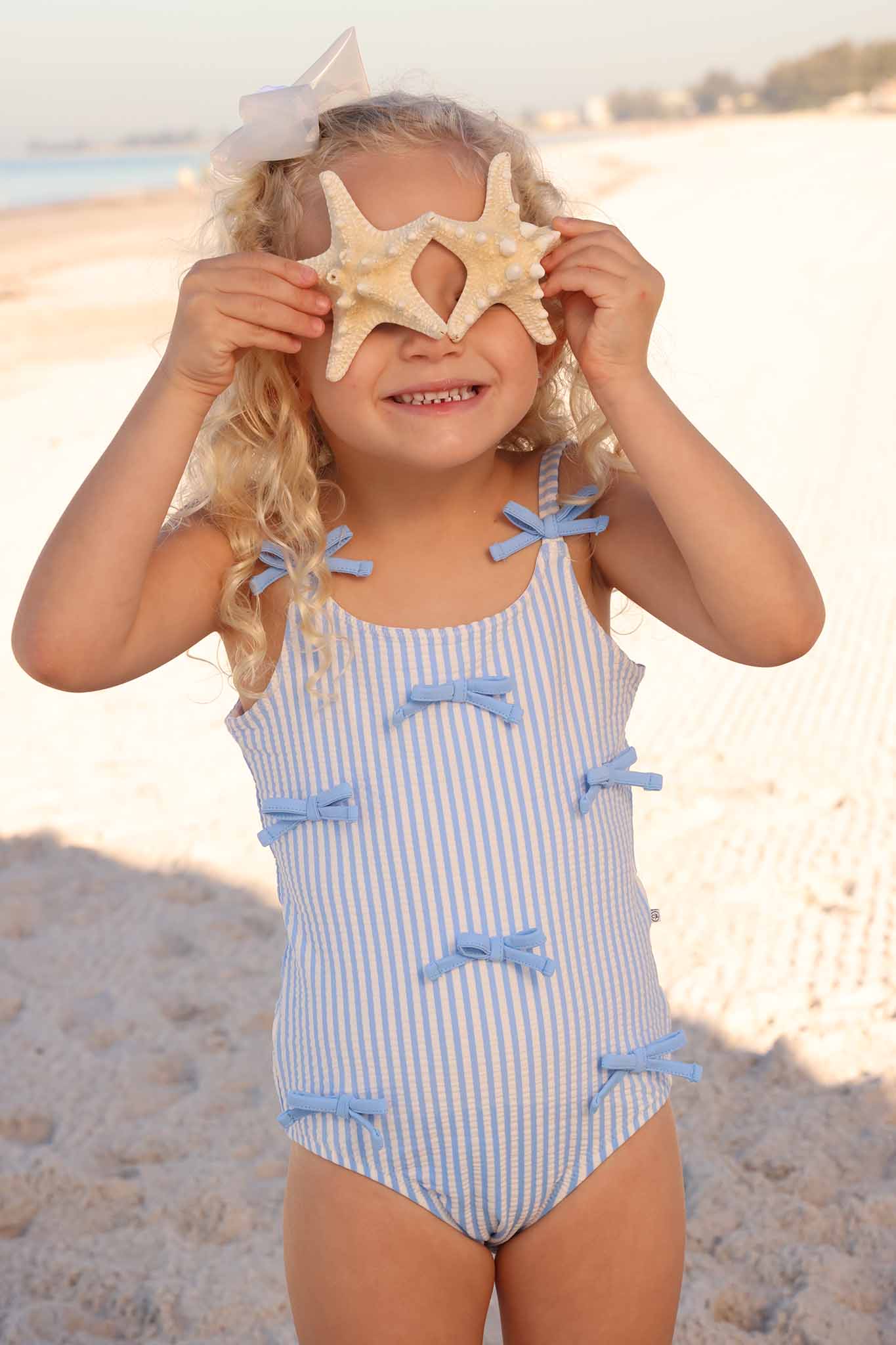 Tiny Bows One Piece | Seersucker Blue