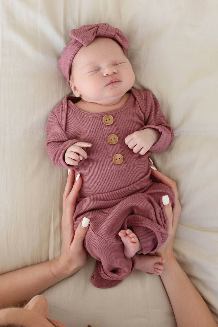 newborn knot gown and hat set boysenberry waffle bamboo 