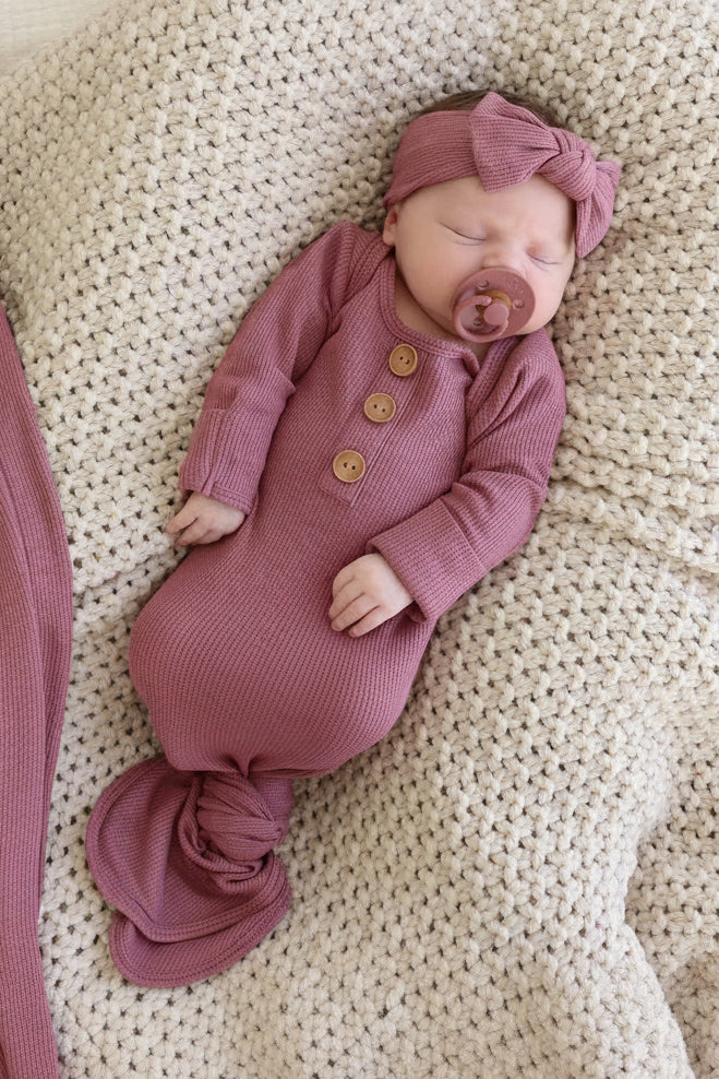 boysenberry waffle knot gown and hat set