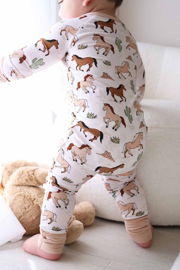 neutral horse, cactus and mountain bamboo convertible zip romper 