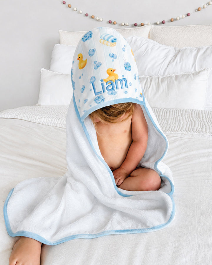 blue bubble duckies embroidered hooded towel